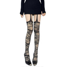 Fishnet Stockings Tights Sexy Hollow Out Ripped Holes Suspender Pantyhose Garter Belts Thigh High Stockings for Women brown