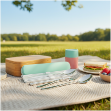(Green 3-piece Set) Set Cuillère et Baguettes Inox Étudiant