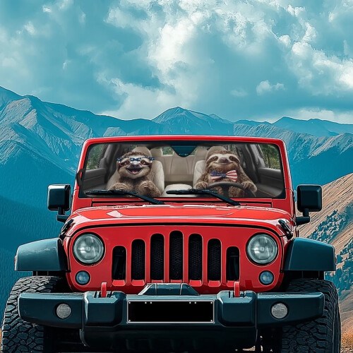 Jeep Windshield Sun Shade US Flag Sloth Print for Wrangler 2