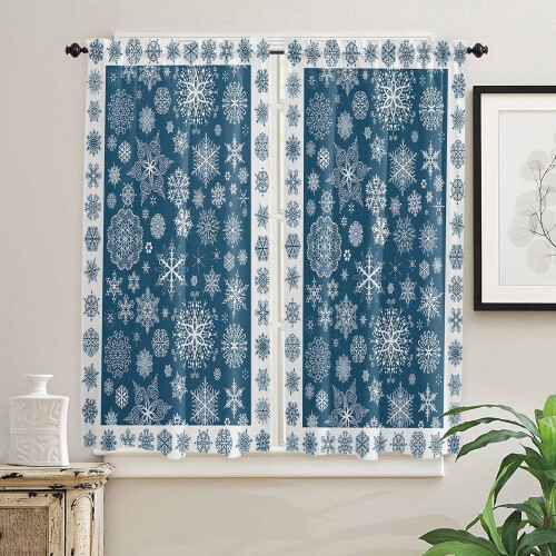 Blue Christmas Kitchen Curtains 2 Panels 42x63 Snowflake 1