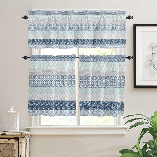 Boho Kitchen Curtain Set Teal Grey Geometric Stripes 3 pcs 1