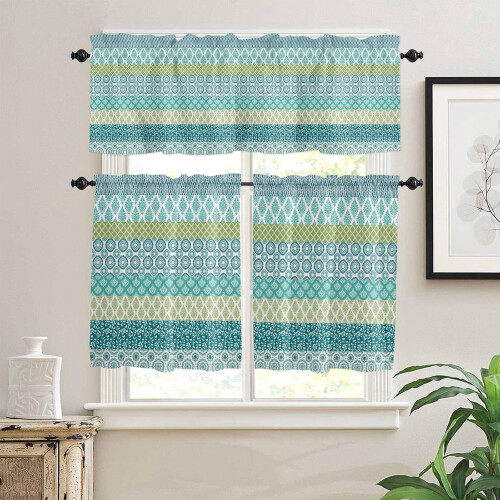 Boho Kitchen Curtain Set Geometric Stripes Teal Blue Green 1