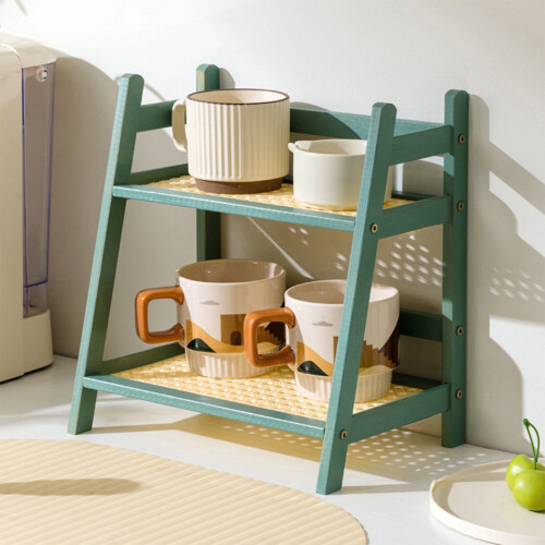 Wooden Rattan Double-Layer Desktop Storage Rack Green 1