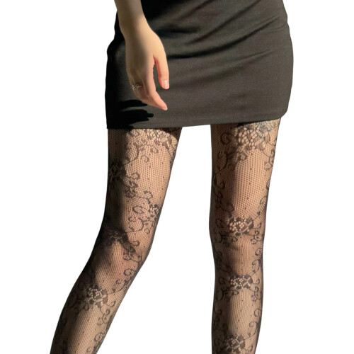 Ästhetische Damen-Spitzenstrumpfhose mit floralem-Schwarz