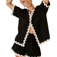 (XL, Black) Women's 2 Piece Outfits Short Sleeve Button Down Shirt Tops and High Waist Shorts Loose Summer Two Piece Lounge Sets White XL