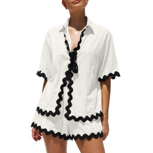 (S, White) Women's 2 Piece Outfits Short Sleeve Button Down Shirt Tops and High Waist Shorts Loose Summer Two Piece Lounge Sets White XL