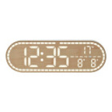 (Gold) Wooden Grain Sleek Led Wall Clock With Multifunction Features For Living Room And Study Area