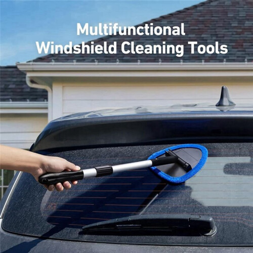 Car Windshield Cleaning Tools, Reusable and Washable Microfiber Pad and Retractable Handle Car Glass Wiper Kit, 2