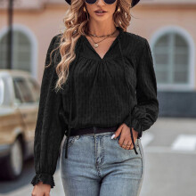 Chemisier Ă manches bouffantes pour femme, blouse ample et confortable Ă manches longues lanternes, tunique jacquard unie avec col en V et