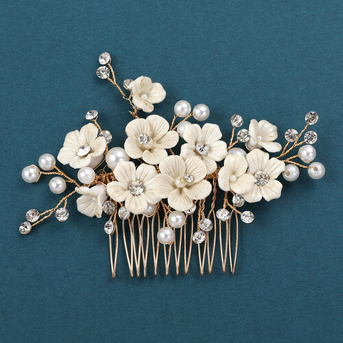 (Gold) Peigne Mariée Fleur Céramique Blanche