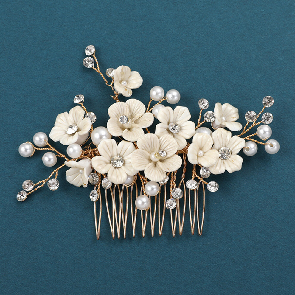 Bright-Home (Gold) Hair Jewelry Wedding Bridal Hair Comb White Ceramic Flower Light Luxurious Headwear For Gown Dress Hairstyle Making Tool