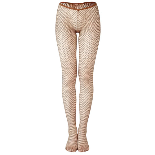 Women's Glitter Metallic Fishnet Tights with V Shaped Low-Brown