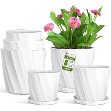 Plant Pots 6 Pack 8/6.7/5.4 Inch, Plastic Flower Pots Set with Drainage Holes and Saucers, Tray. Planters for Indoor Plants. Large Pots for House