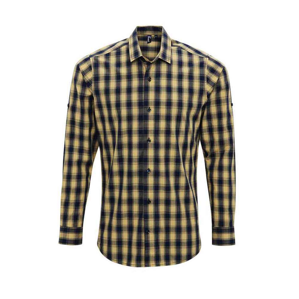 Premier (S, Camel/Navy) Mens Mulligan Checked Cotton Long-Sleeved Shirt