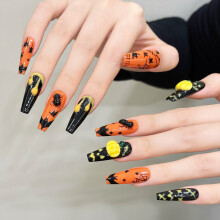 (XS) Ongles Press-On Halloween Orange Noir - 10pcs