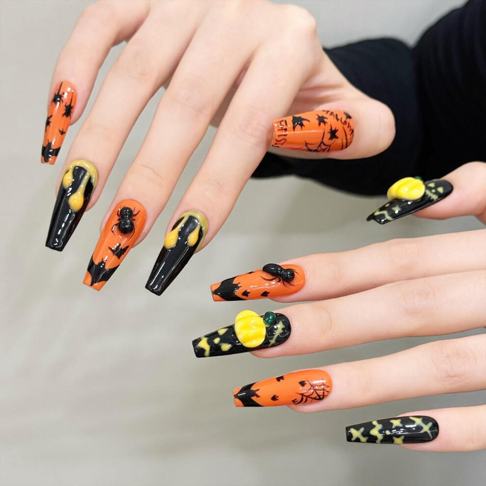 Bright-Home (Xs) 10Pcs Halloween Orange Black Press On Nails Sweet & Charming Reusable False Nails For Girlfriend Wife Women And Girl