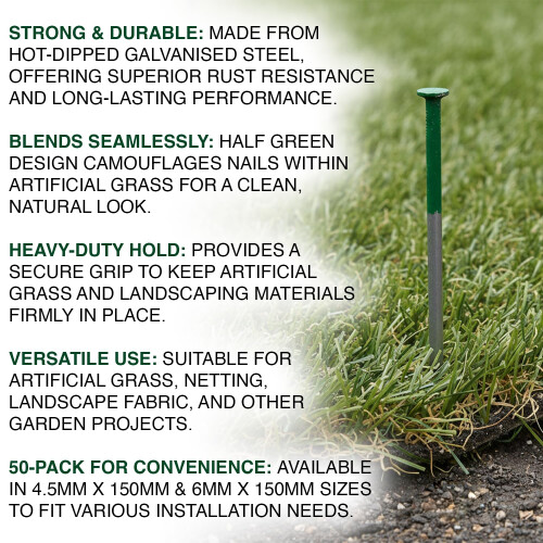 Woodside Half Green Heavy Duty Artificial Grass Nails – 50 Pack, Galvanised Stee 1