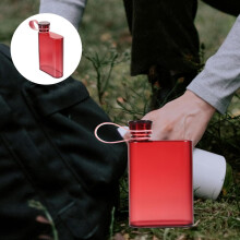 Flat Portable Water Canteen Bottle with Rope Deep Red Reusable Outdoor Travel Kettle for Camping Hiking