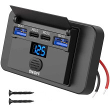 Saída USB de 12V 84W com 4 Portas e Voltmêtro, Soquete de Carregador PD de 36W e Dual QC3.0 de 18W para RV Caminhão