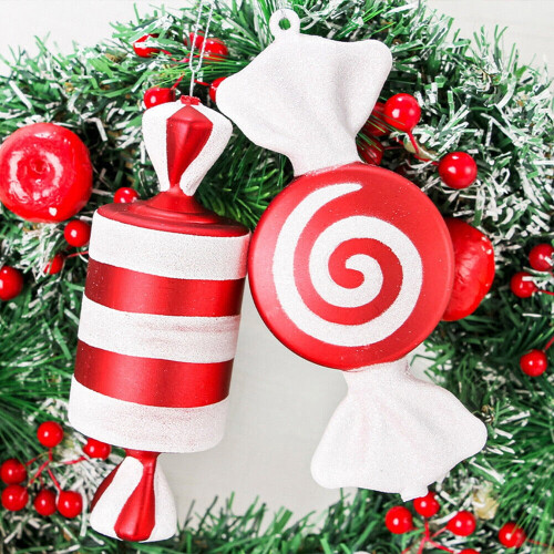 Red and White Candy Christmas Ornaments Set 2