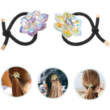 2 elastici per capelli Crystal Snow Lotus neri, fermacoda elastico a forma di fiore con strass e cordino scintillante