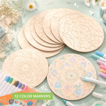 22 Pcs Wooden Mandala Painting Set 10 Mandala Unfinished Wood Cutouts with 12 Markers for Crafts Mandala Wood Slices