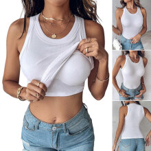 (M, White) Racerback Camisole With Lift Support Built In Bralette Wide Strap Crop Tank Tops Ribbed Knit Basic Undershirt For Women XL White
