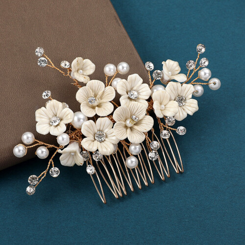 (Gold) Peigne Mariée Fleur Céramique Blanche 1