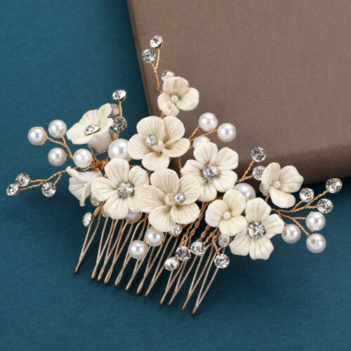 (Gold) Peigne Mariée Fleur Céramique Blanche 2