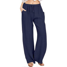 (M, Navy Blue) linen palazzo pants for women summer wide leg loose casual cotton