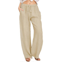 (XXL, Khaki) linen palazzo pants for women summer wide leg loose casual cotton