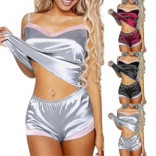 (S, Silver) Women Satin Silk Lace Cami Lingerie Shorts Sleepwear  Doll Pajamas Nightwear Set Multi-color Optional