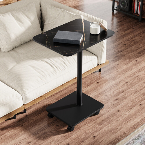 Living And Home C Shaped Side Table with Wheels, Black Marble