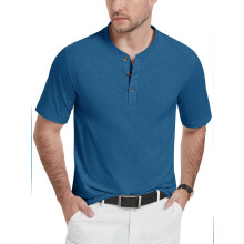 KEFITEVD Maglia Henley da Uomo in Cotone Polo Senza Colletto Blu M — t-shirt uomo, maglia con bottoni