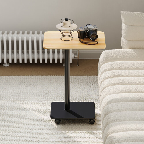 Living And Home C Shaped Side Table with Lockable Wheels, Natural Wood 1