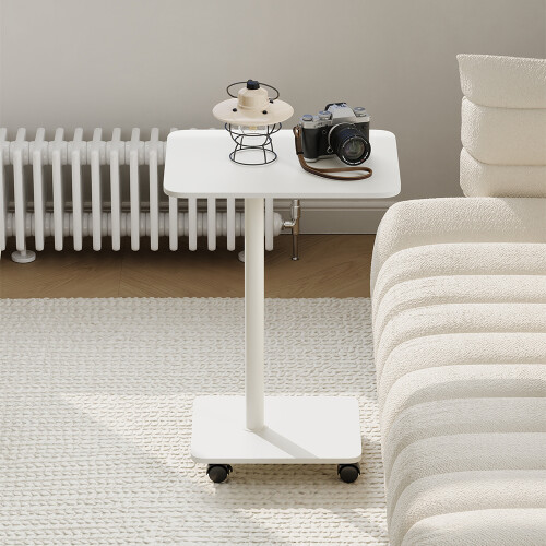 Living And Home C Shaped Side Table with Lockable Wheels, White 1