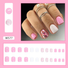 (Jelly Glue Model) Faux Ongles Carrés Rose Pailletés Souples