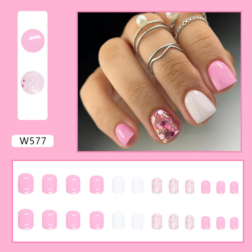 Dachuang Beauty (Jelly Glue Model) Pink Sequins Square Fake Nails - Flexible & Durable