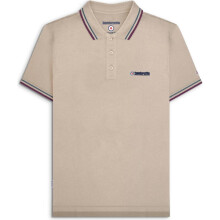 (L, Stone/Moonlit/Blue) Lambretta Mens Twin Tipped Short Sleeve 3 Button Placket Cotton Polo Shirt Top