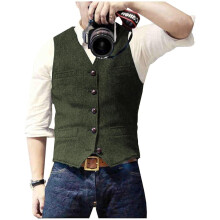 (M, army green) Men s Casual Classic Suit Vest V Neck Herringbone Tweed Slim Fit Business Waistcoat For Wedding