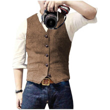 (XS, brown) Men s Casual Classic Suit Vest V Neck Herringbone Tweed Slim Fit Business Waistcoat For Wedding