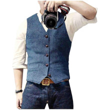 (XXL, light blue) Men s Casual Classic Suit Vest V Neck Herringbone Tweed Slim Fit Business Waistcoat For Wedding