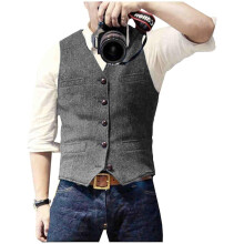 (M, GRAY) Men s Casual Classic Suit Vest V Neck Herringbone Tweed Slim Fit Business Waistcoat For Wedding