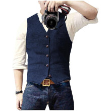 (S, Navy Blue) Men s Casual Classic Suit Vest V Neck Herringbone Tweed Slim Fit Business Waistcoat For Wedding