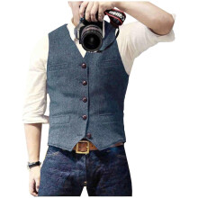 (S, light navy) Men s Casual Classic Suit Vest V Neck Herringbone Tweed Slim Fit Business Waistcoat For Wedding