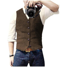 (S, Coffee) Men s Casual Classic Suit Vest V Neck Herringbone Tweed Slim Fit Business Waistcoat For Wedding