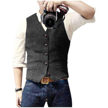 (L, black) Men s Casual Classic Suit Vest V Neck Herringbone Tweed Slim Fit Business Waistcoat For Wedding