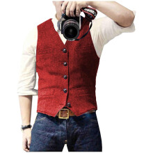 (XXL, Red) Men s Casual Classic Suit Vest V Neck Herringbone Tweed Slim Fit Business Waistcoat For Wedding