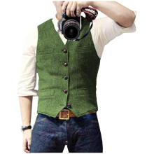 (M, Green) Men s Casual Classic Suit Vest V Neck Herringbone Tweed Slim Fit Business Waistcoat For Wedding