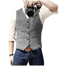 (L, Silver) Men s Casual Classic Suit Vest V Neck Herringbone Tweed Slim Fit Business Waistcoat For Wedding